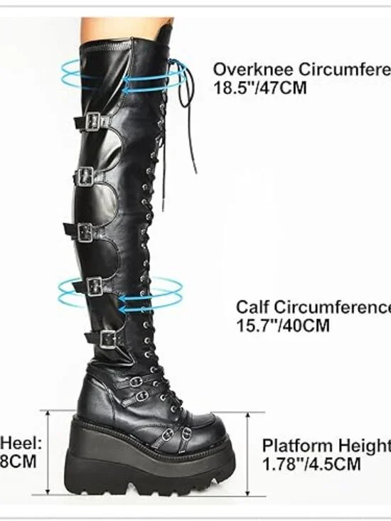 Women Black Faux Leather Over Knee Thigh Goth Buckles Side Zip Lace Boots 5.5-10 - Picture 6 of 8